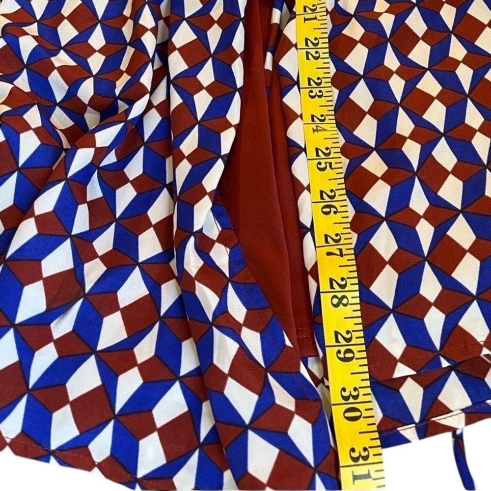 Geometric Blue,Burgundy Patterned Long Sleeve,Wrap Dress,Small - Picture 8 of 9